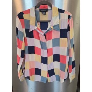 Bridgetown Collection Women M Silk Blouse Multi Color Patchwork Grid Button Down